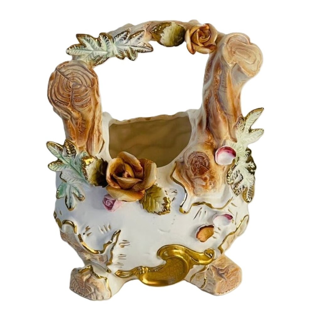 Vintage Vase Planter Basket Lipper and Mann Japan Hand Paint Ceramic Floral 3D